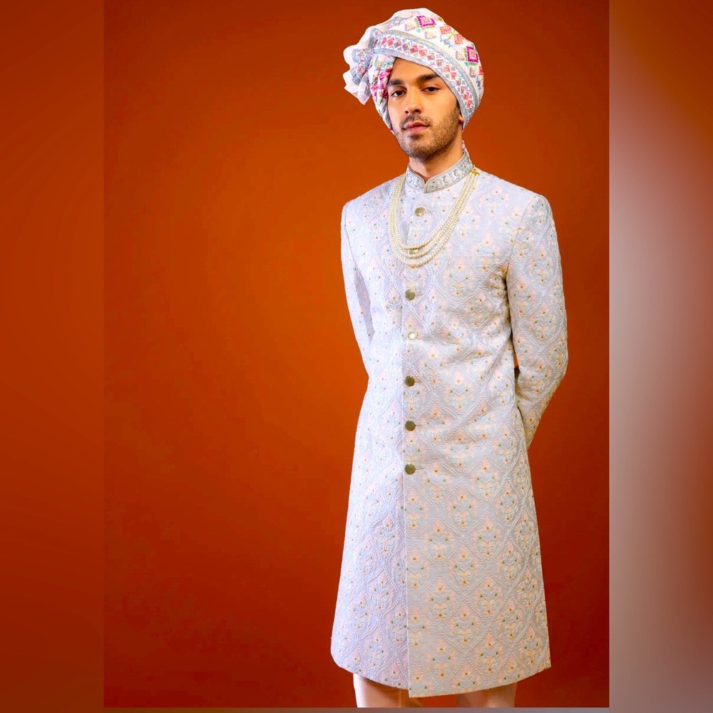 Powder Blue Floral Embroidered Sherwani Set In Silk for Men